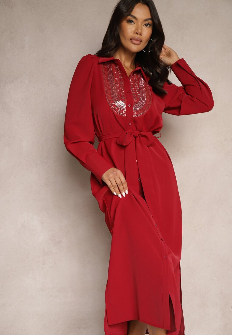 bisou's project Rochie tip cămașă bordo decorată cu mărgele paiete și curea Tidanis