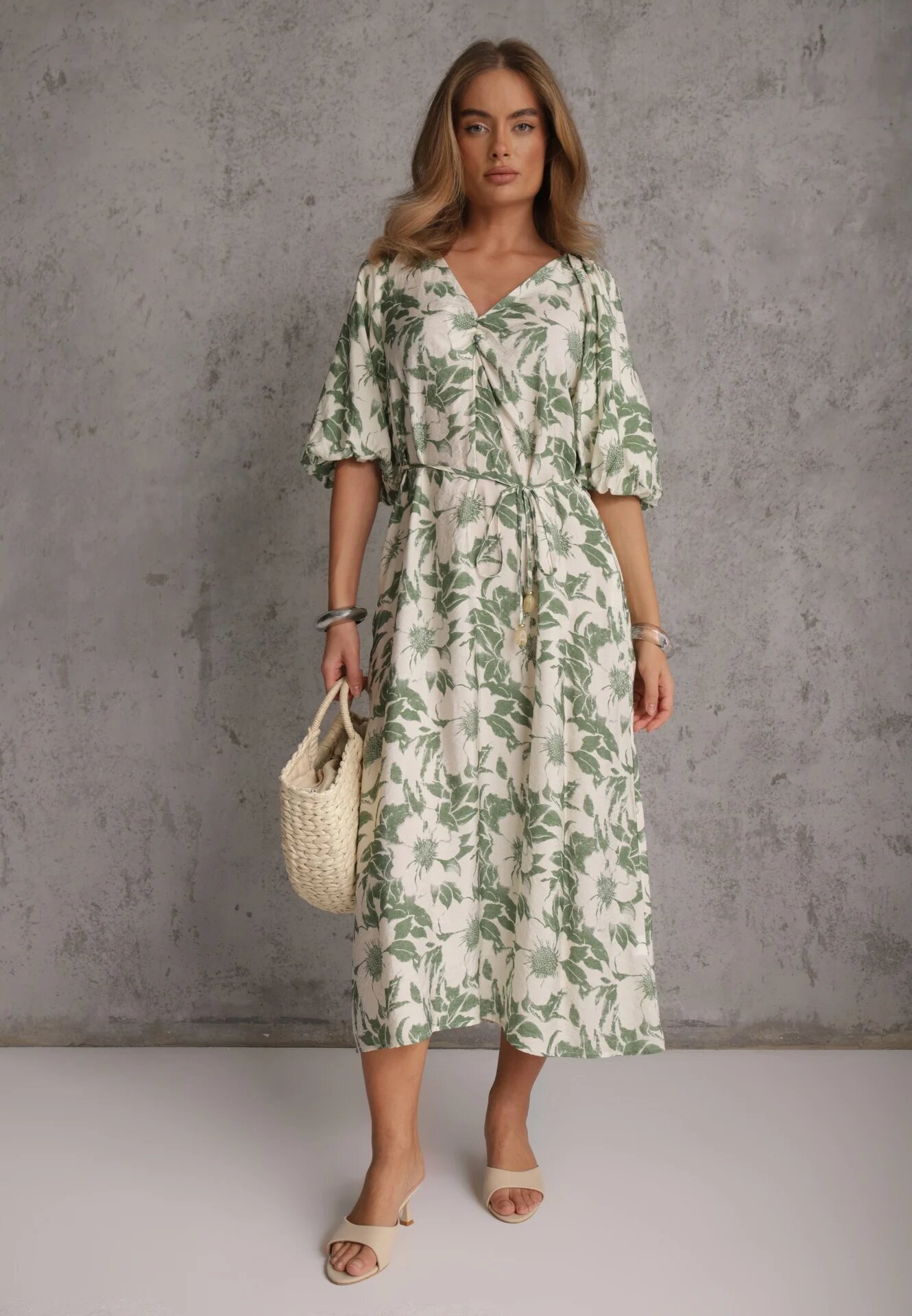 bisou's project Rochie Verde-Albă Din Viscoză Legată în Talie Cu Mâneci Decorative Nanea