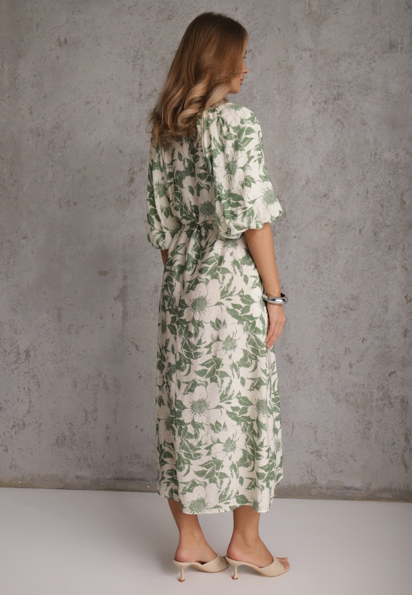 bisou's project Rochie Verde-Albă Din Viscoză Legată în Talie Cu Mâneci Decorative Nanea