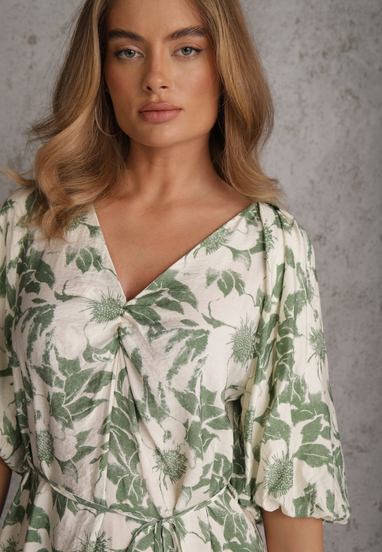 bisou's project Rochie Verde-Albă Din Viscoză Legată în Talie Cu Mâneci Decorative Nanea