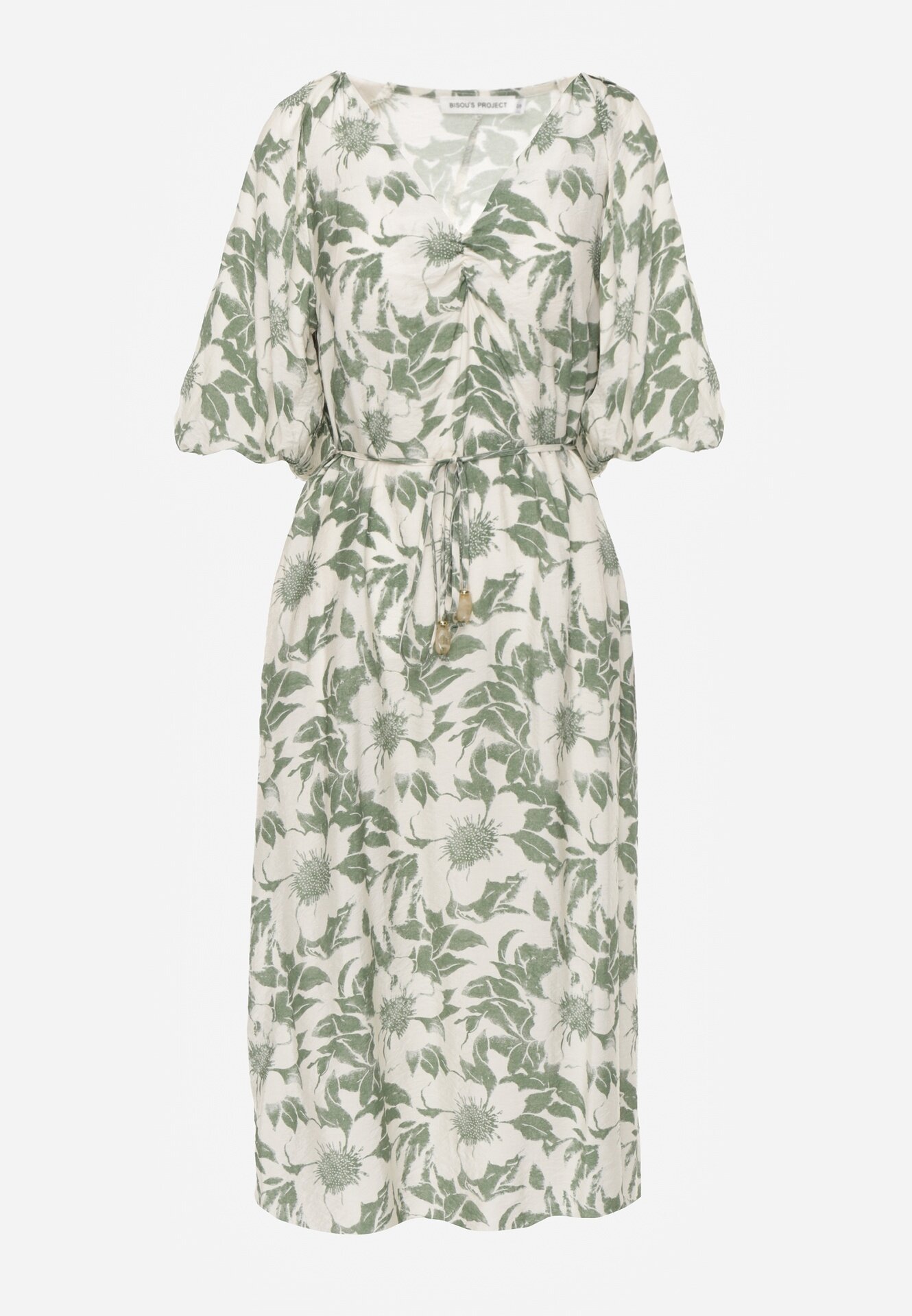 bisou's project Rochie Verde-Albă Din Viscoză Legată în Talie Cu Mâneci Decorative Nanea