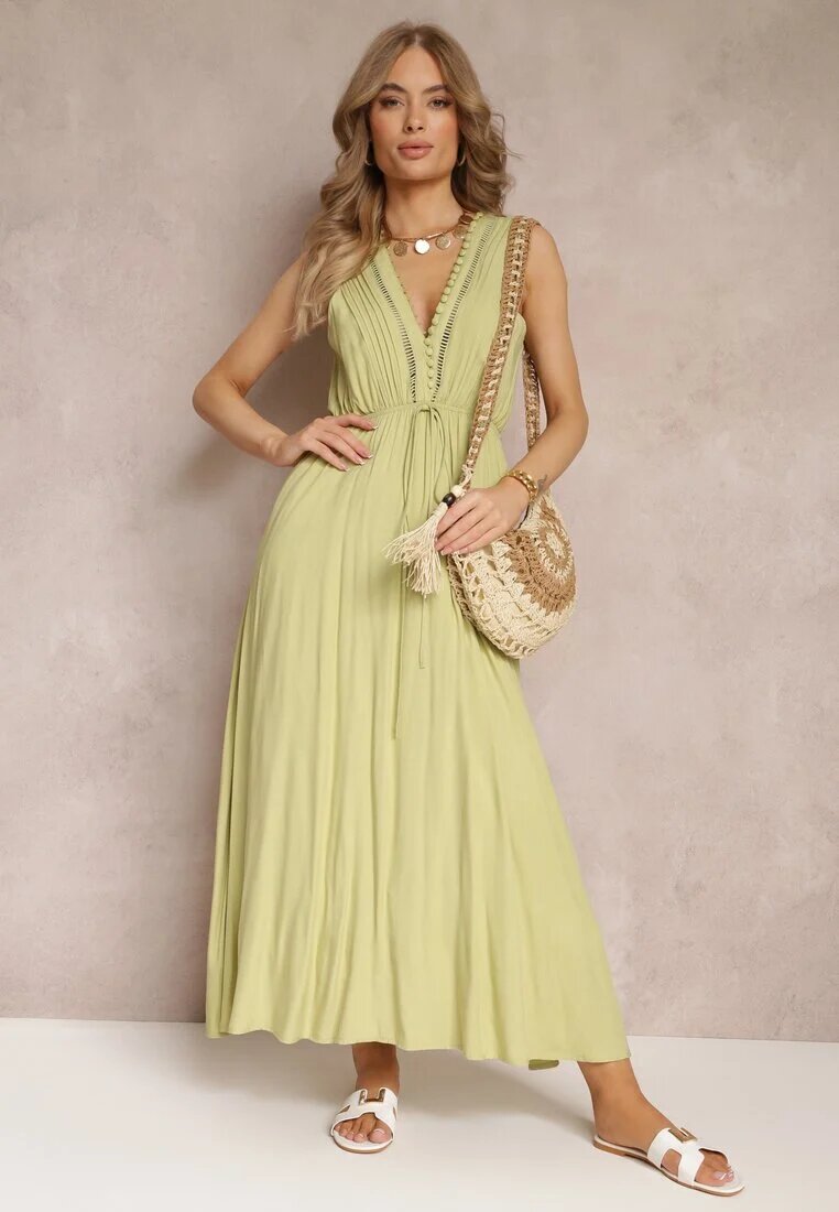 bisou's project Rochie Verde Cloche Maxi cu elastic în talie și nasturi decorativi din viscoză Vianna