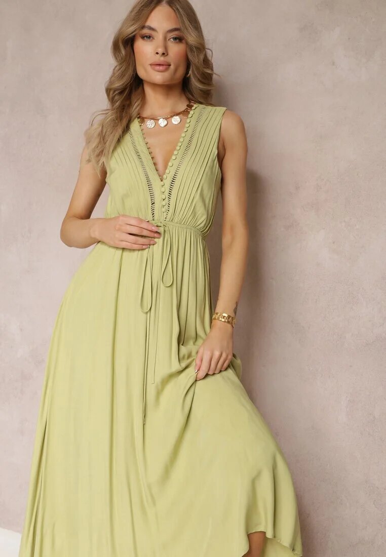 bisou's project Rochie Verde Cloche Maxi cu elastic în talie și nasturi decorativi din viscoză Vianna