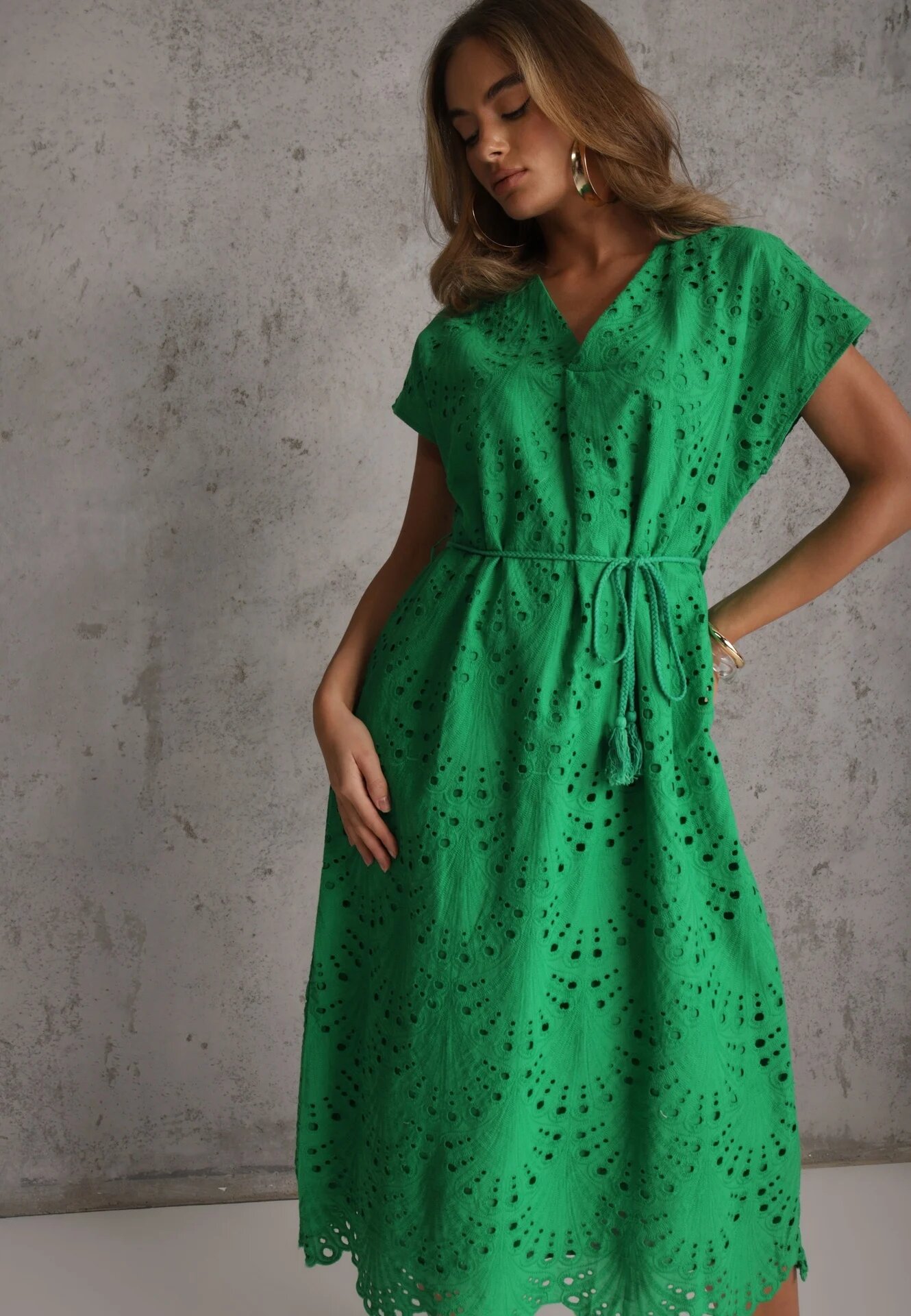 bisou's project Rochie Verde Din Bumbac cu broderie și curea din material în talie Dimla