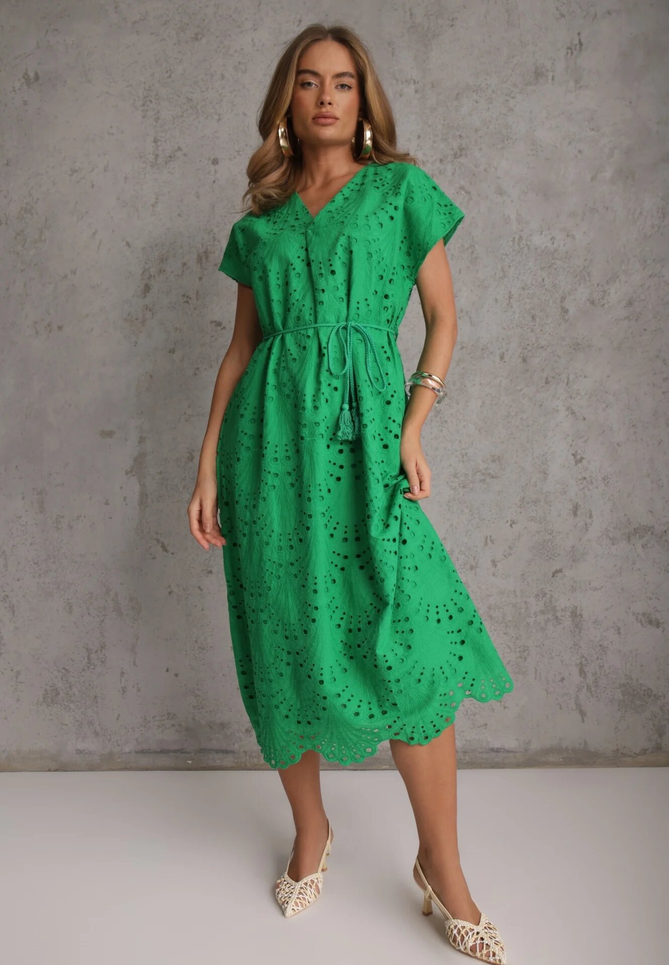 bisou's project Rochie Verde Din Bumbac cu broderie și curea din material în talie Dimla