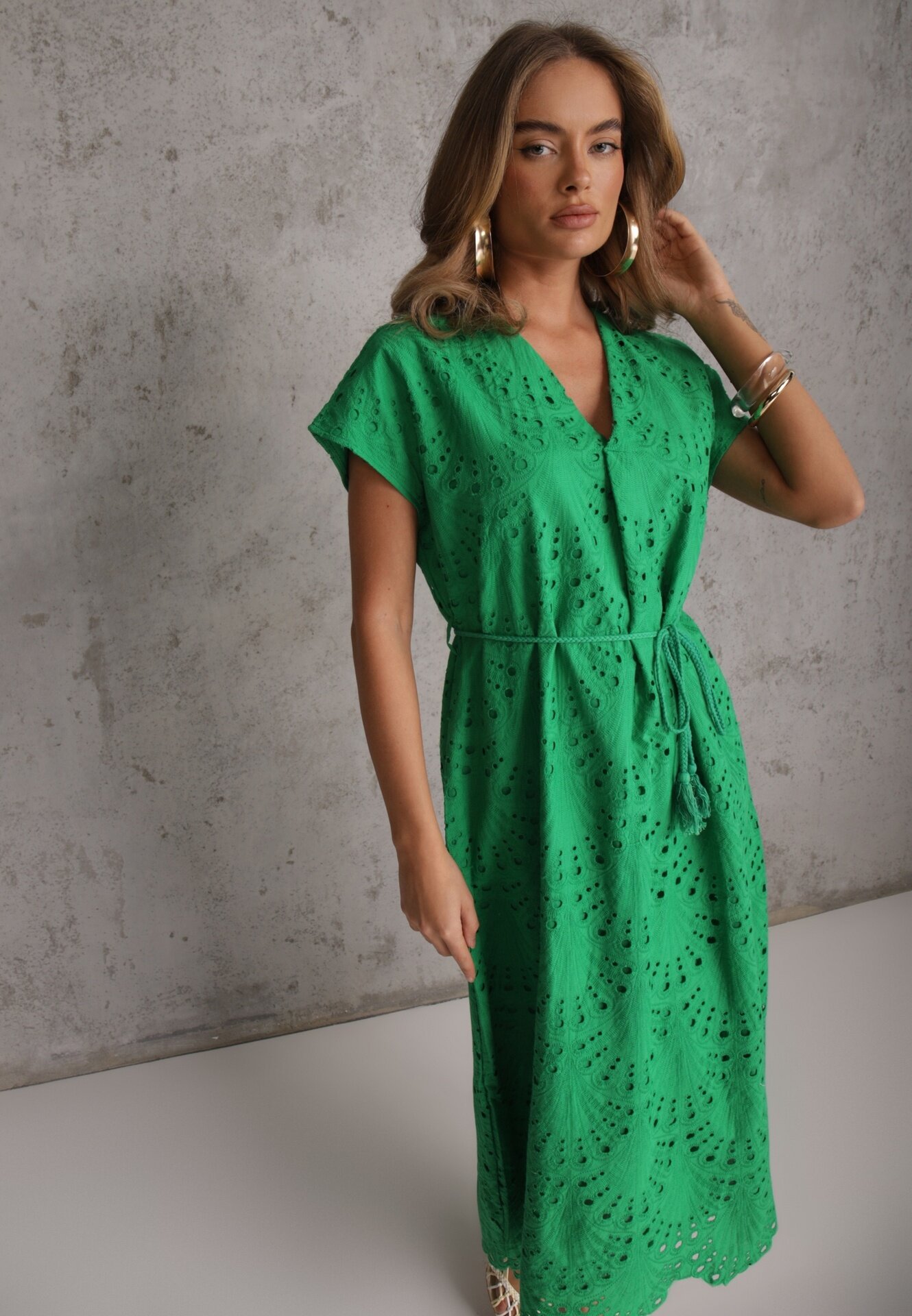 bisou's project Rochie Verde Din Bumbac cu broderie și curea din material în talie Dimla