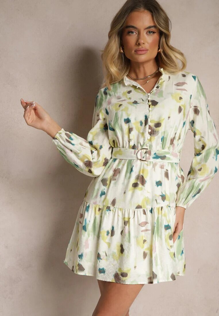 bisou's project Rochie Verde din Vâscoză cu Croială Cloș cu Cordon cu Imprimeu Abstract Stalitte