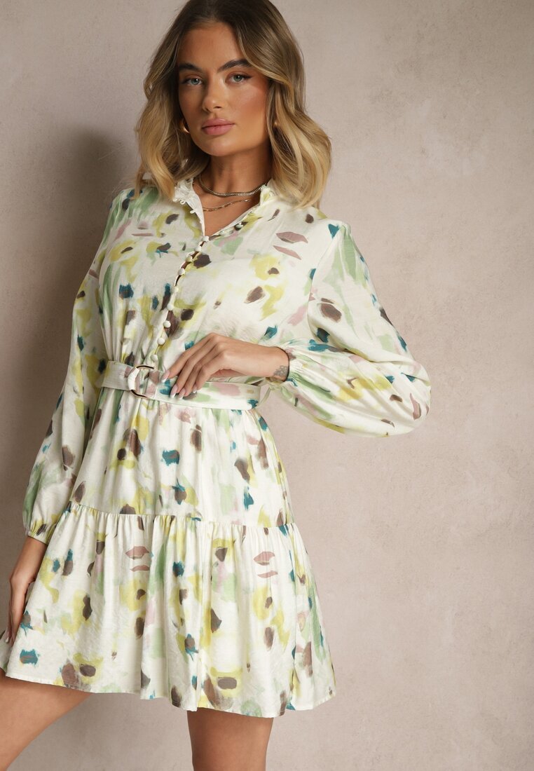 bisou's project Rochie Verde din Vâscoză cu Croială Cloș cu Cordon cu Imprimeu Abstract Stalitte