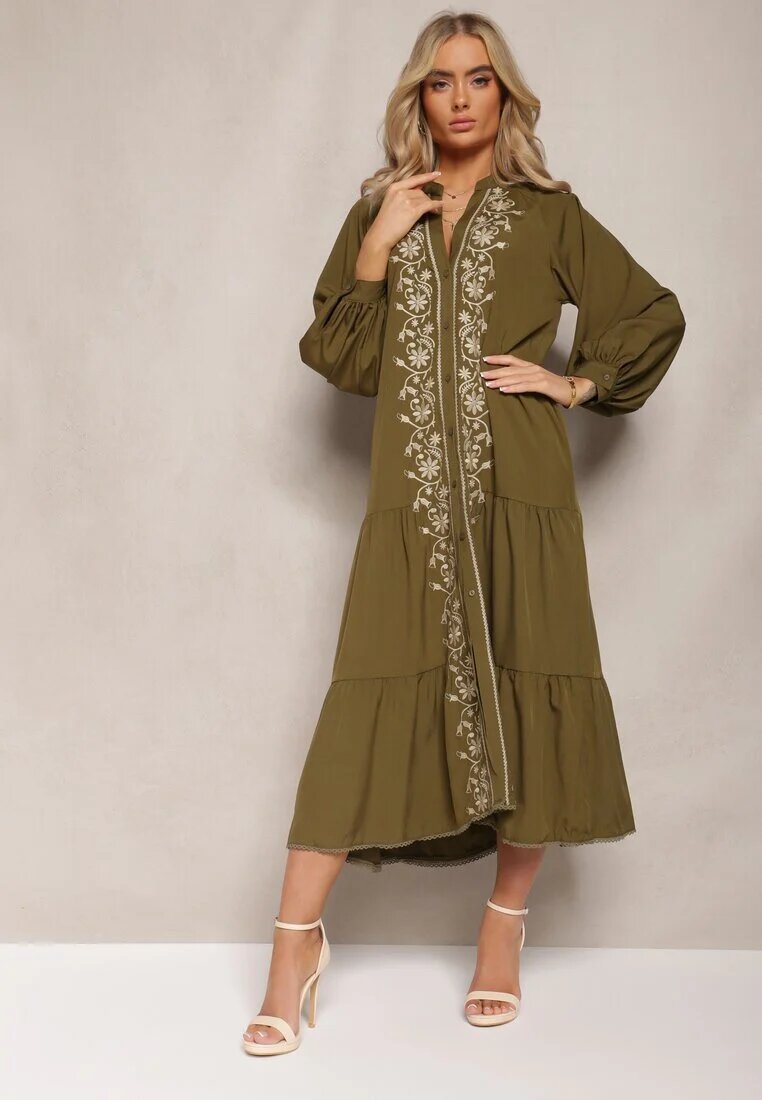 bisou's project Rochie Verde închis Midi cu croială trapezoidală cu broderii decorative în stil Boho Tactila