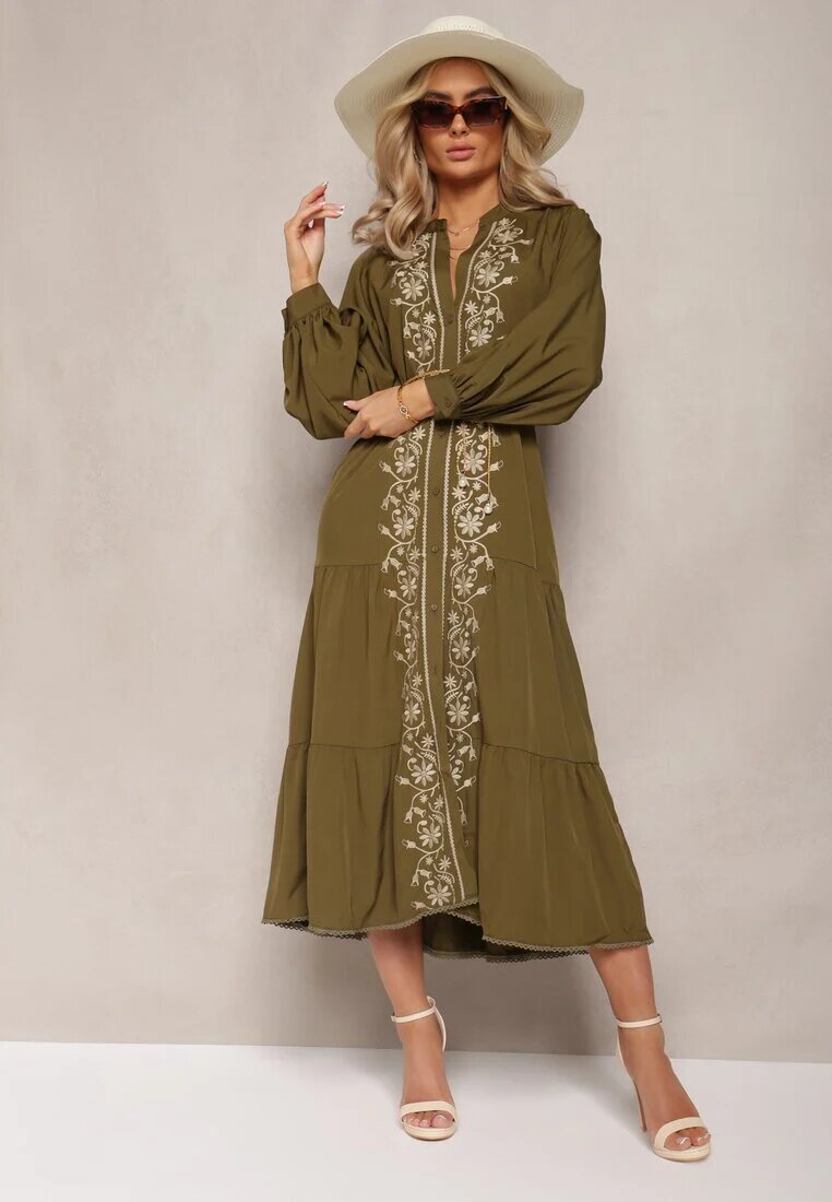 bisou's project Rochie Verde închis Midi cu croială trapezoidală cu broderii decorative în stil Boho Tactila