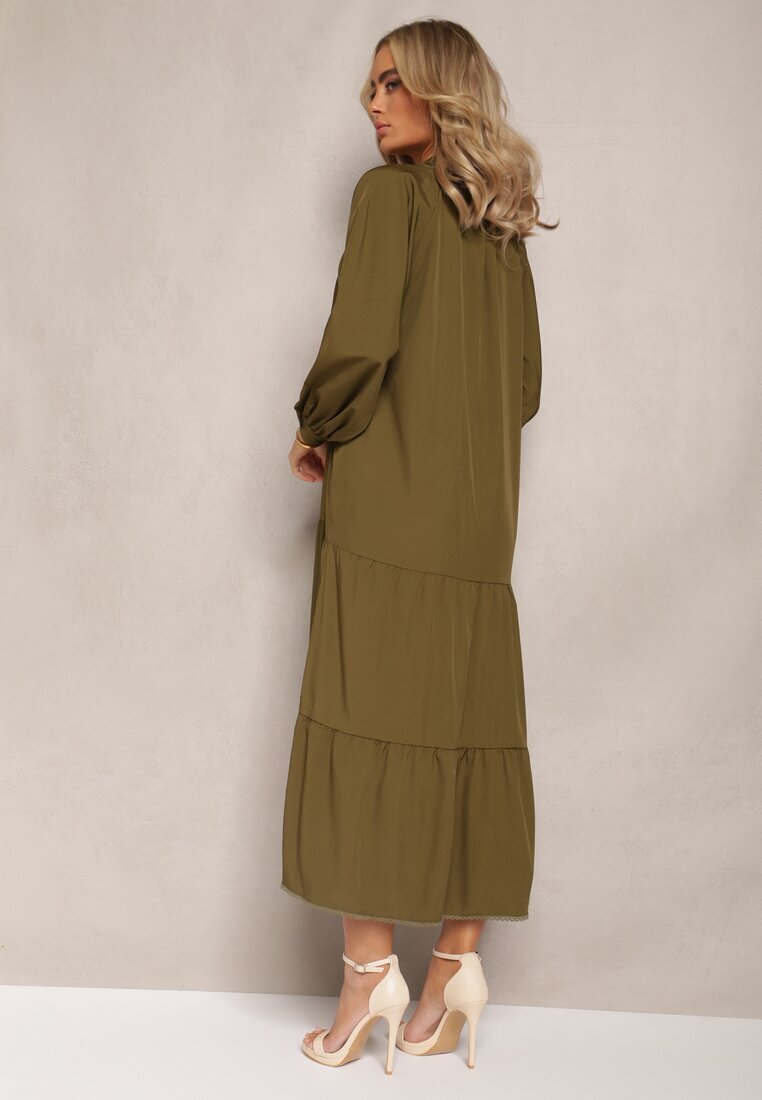 bisou's project Rochie Verde închis Midi cu croială trapezoidală cu broderii decorative în stil Boho Tactila