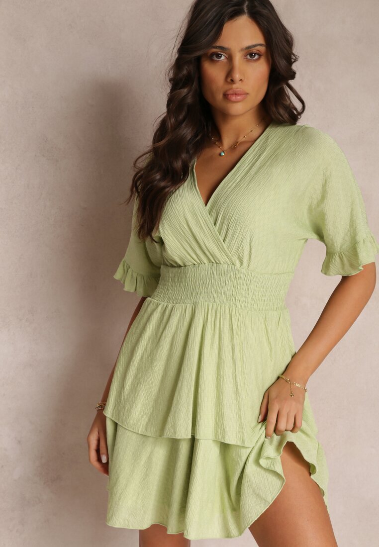 bisou's project Rochie Verde Lejeră Mini cu Volane și Elastic Lat în Talie Olleanne