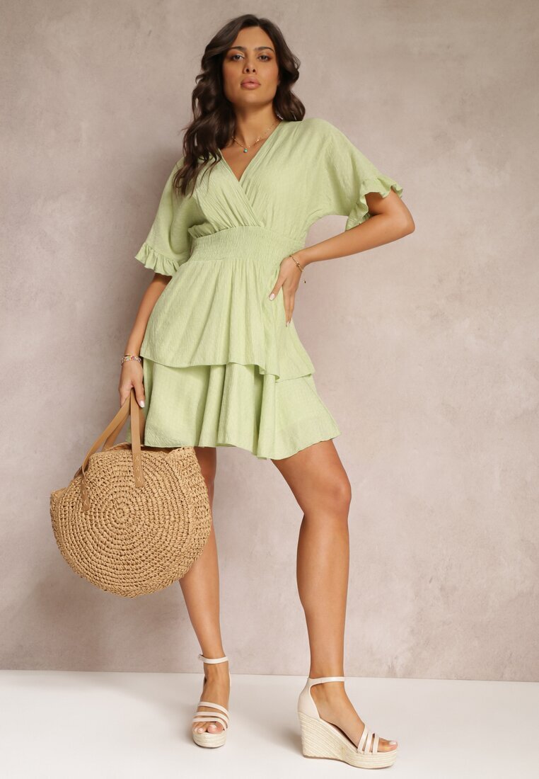 bisou's project Rochie Verde Lejeră Mini cu Volane și Elastic Lat în Talie Olleanne