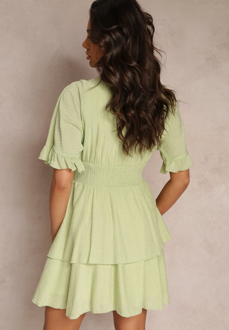 bisou's project Rochie Verde Lejeră Mini cu Volane și Elastic Lat în Talie Olleanne