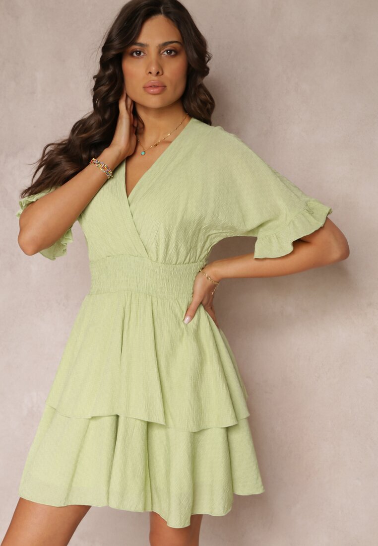 bisou's project Rochie Verde Lejeră Mini cu Volane și Elastic Lat în Talie Olleanne