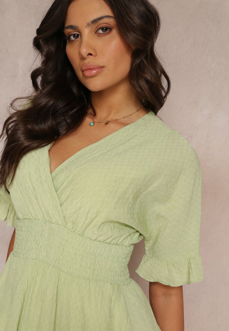 bisou's project Rochie Verde Lejeră Mini cu Volane și Elastic Lat în Talie Olleanne