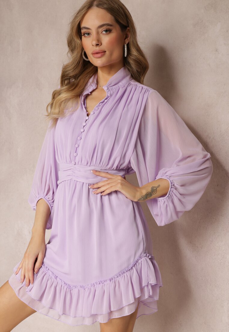 bisou's project Rochie Violetă Mini cu Nasturi Decorativi și Mânecă 3/4 Parissa