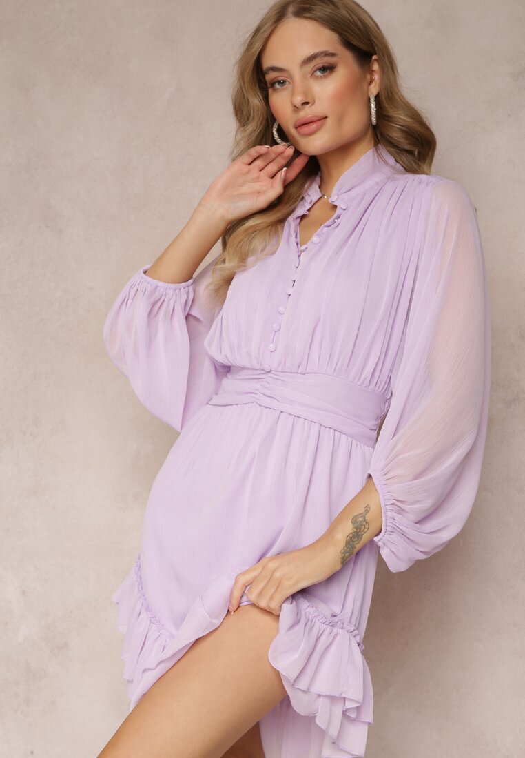 bisou's project Rochie Violetă Mini cu Nasturi Decorativi și Mânecă 3/4 Parissa