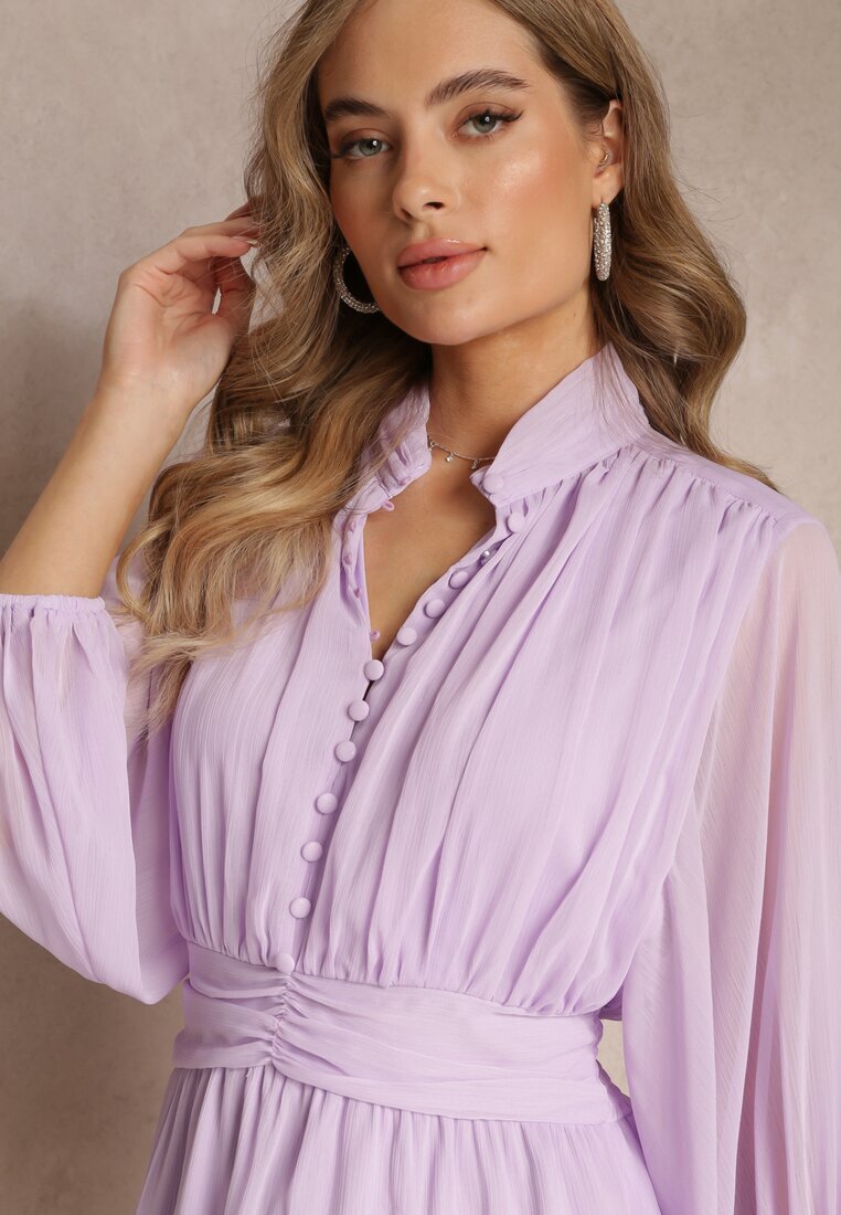 bisou's project Rochie Violetă Mini cu Nasturi Decorativi și Mânecă 3/4 Parissa