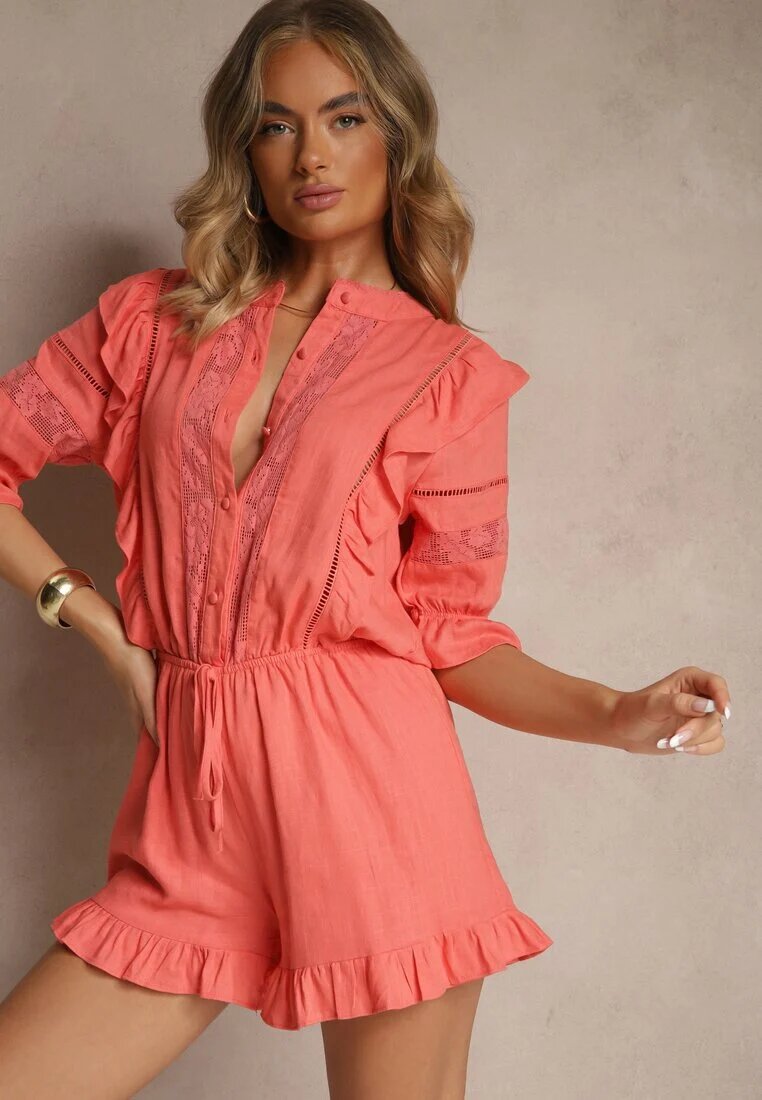 bisou's project Salopetă din viscoză portocalie cu in în stil rustic cu dantelă și volane Linulia