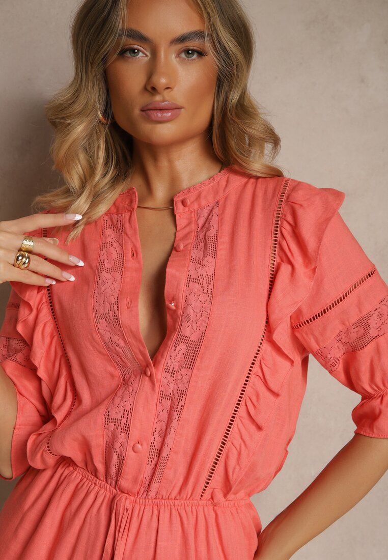 bisou's project Salopetă din viscoză portocalie cu in în stil rustic cu dantelă și volane Linulia