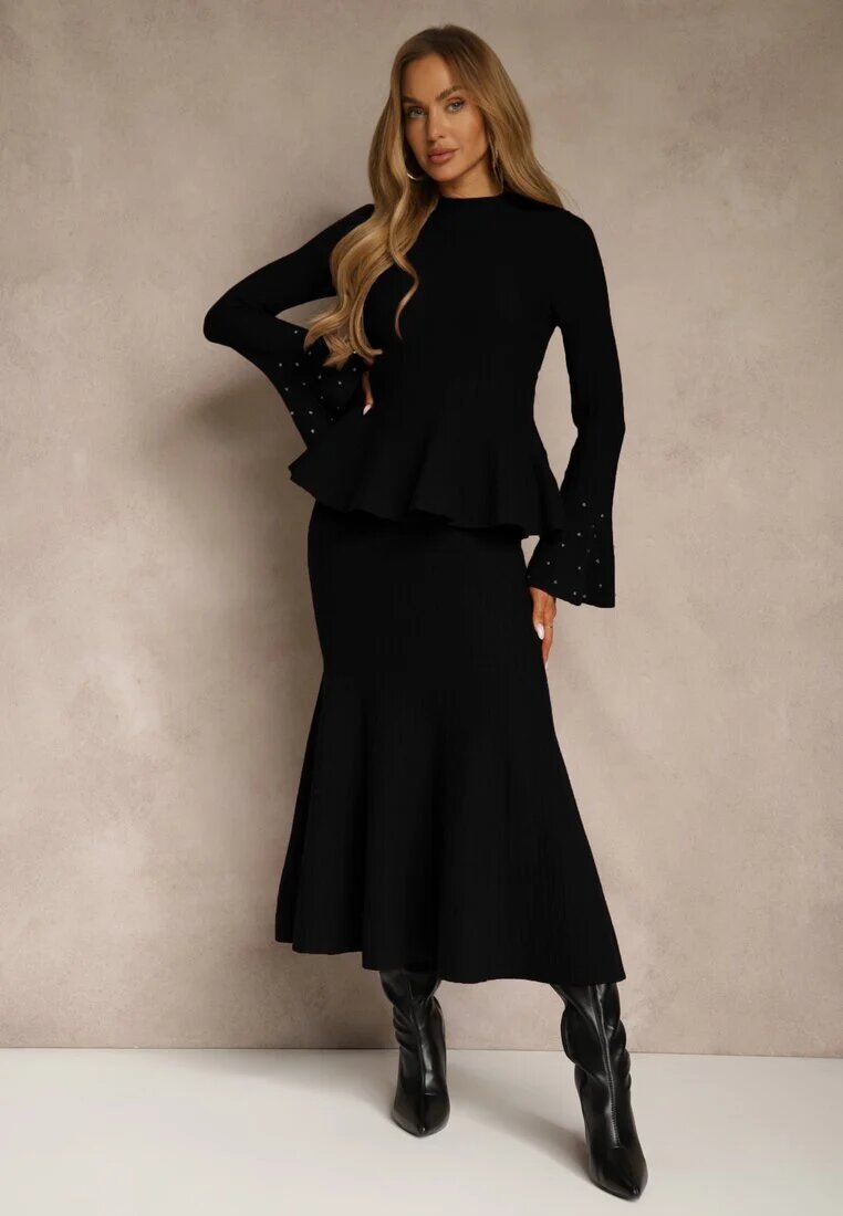 bisou's project Set Negru din Tricot cu Viscoză Fustă și Pulover cu Bască și cu Zirconii Nereza