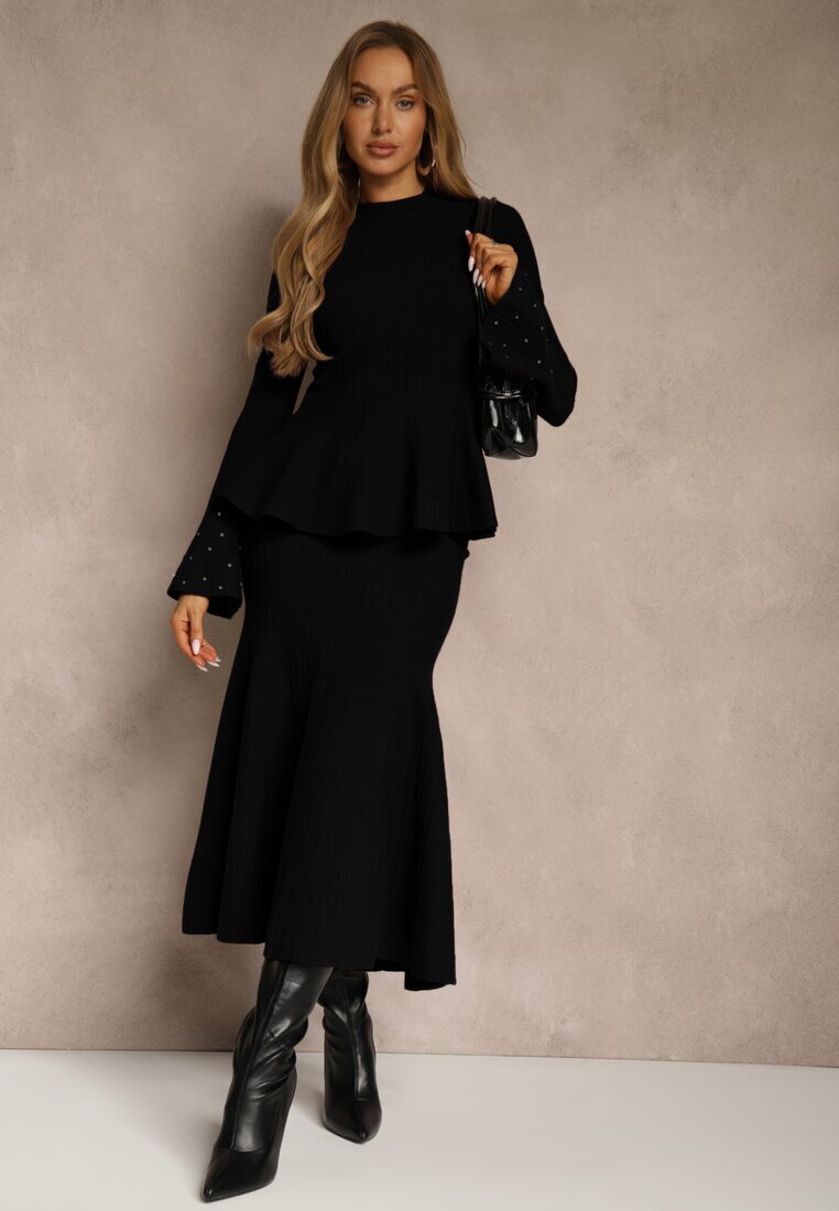 bisou's project Set Negru din Tricot cu Viscoză Fustă și Pulover cu Bască și cu Zirconii Nereza