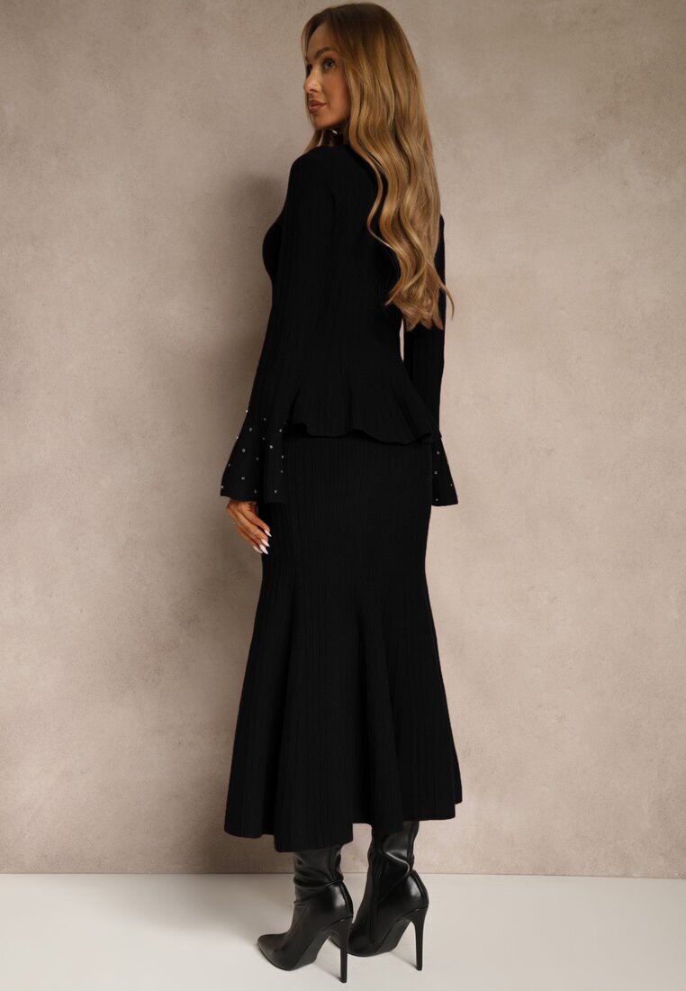 bisou's project Set Negru din Tricot cu Viscoză Fustă și Pulover cu Bască și cu Zirconii Nereza