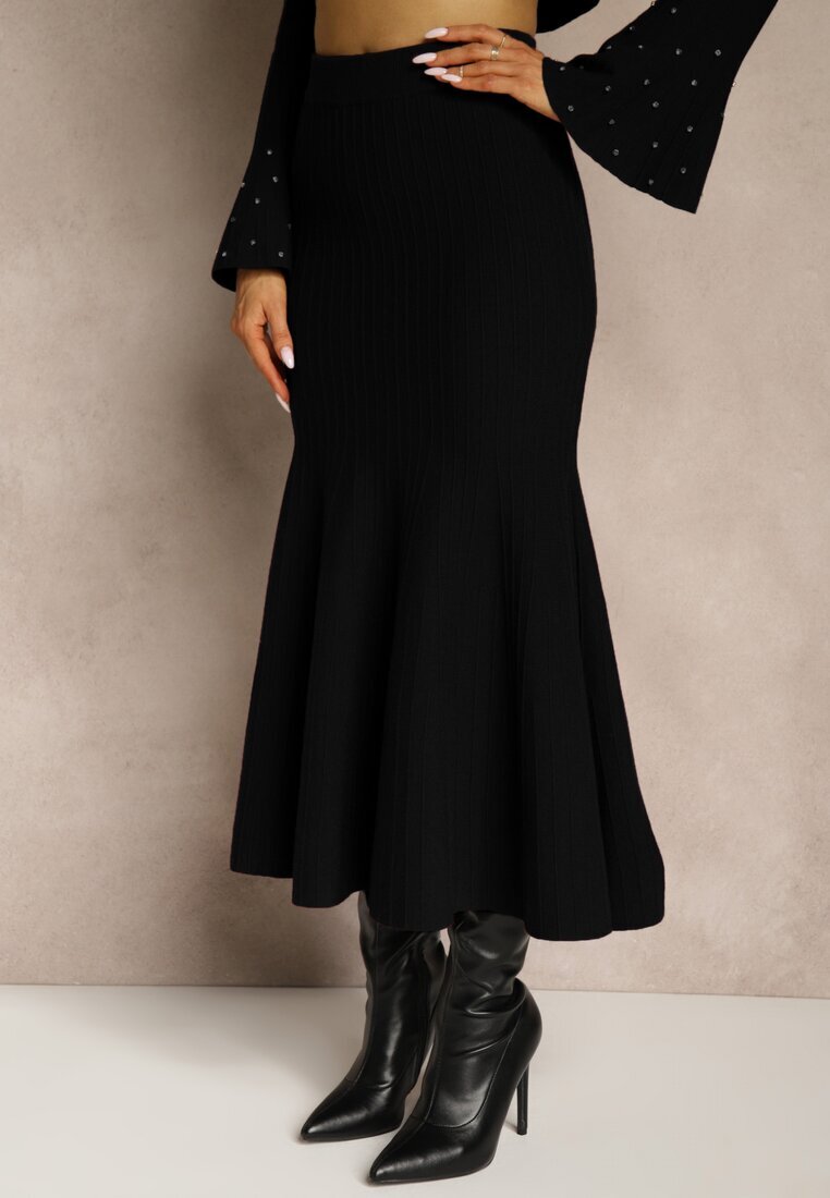bisou's project Set Negru din Tricot cu Viscoză Fustă și Pulover cu Bască și cu Zirconii Nereza