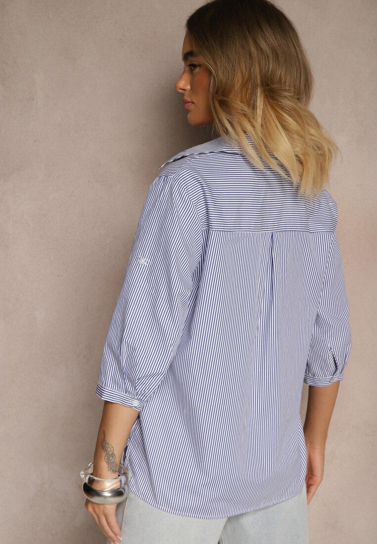 bludeise Cămașă bleumarin de bumbac cu dungi fine cu mâneci 3/4 Lialorea