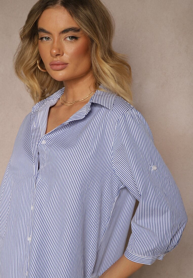 bludeise Cămașă bleumarin de bumbac cu dungi fine cu mâneci 3/4 Lialorea