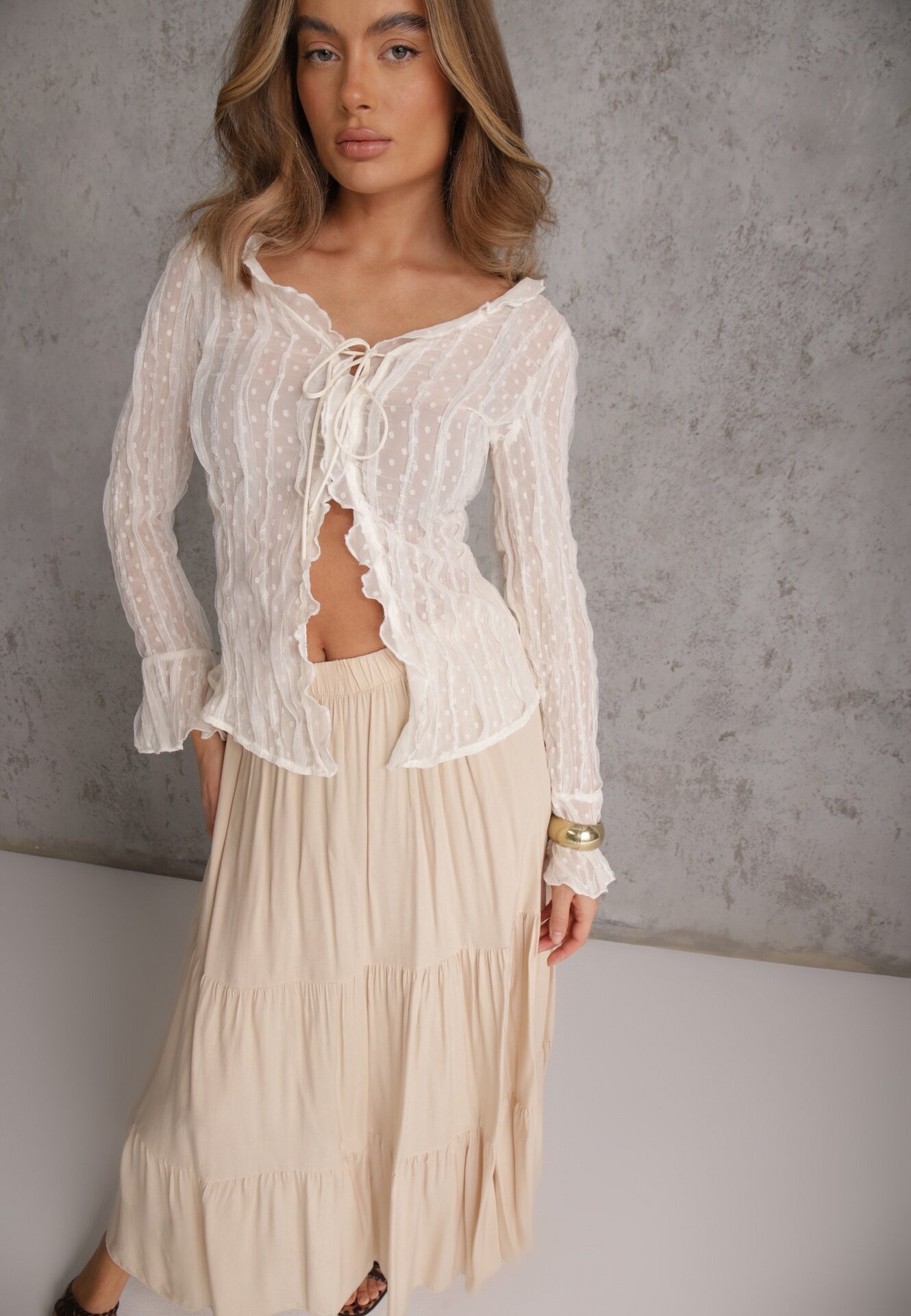 bludeise Fustă Bejă Vâscoză High Waist cu elastic în talie și volan Christiara