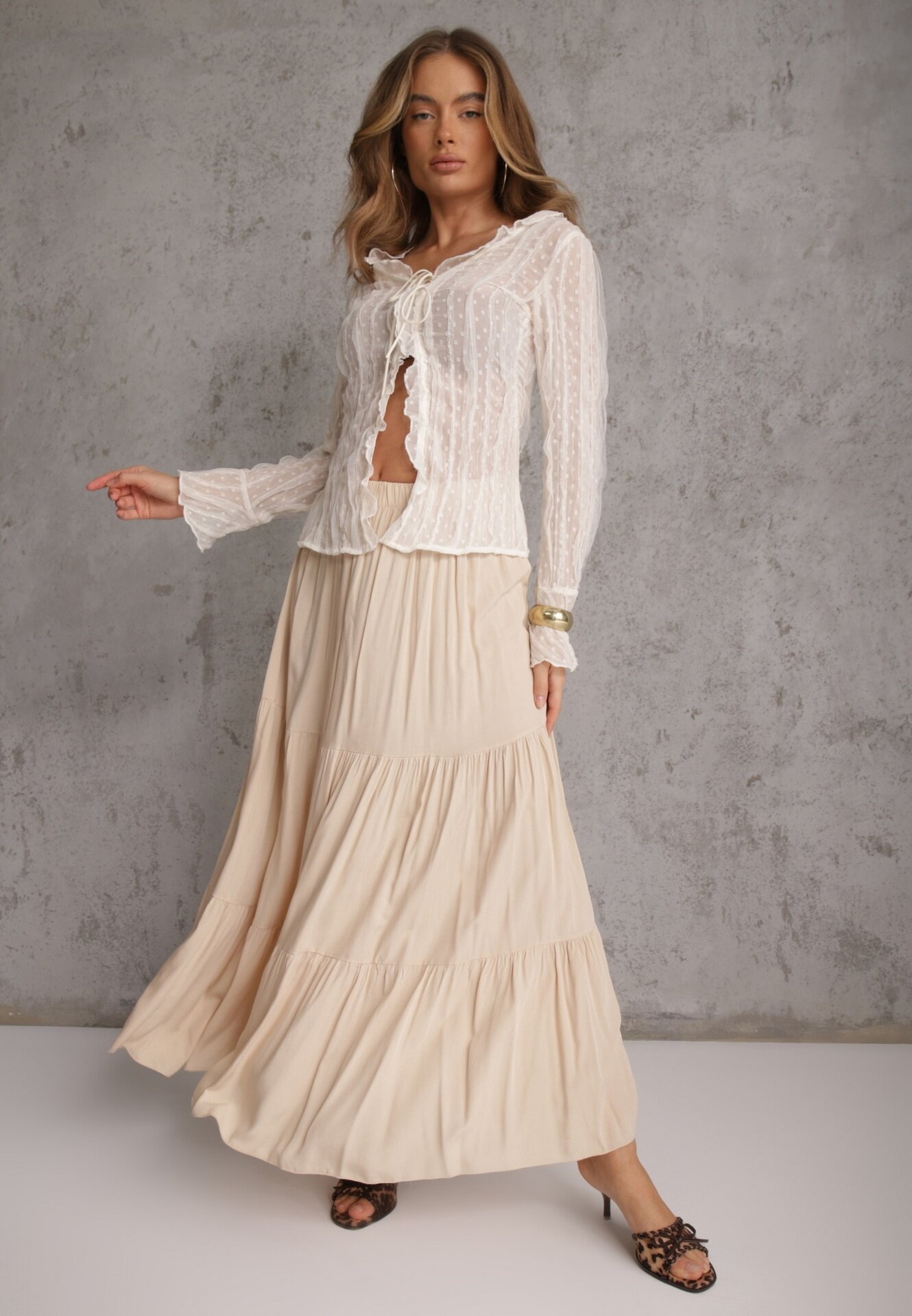bludeise Fustă Bejă Vâscoză High Waist cu elastic în talie și volan Christiara