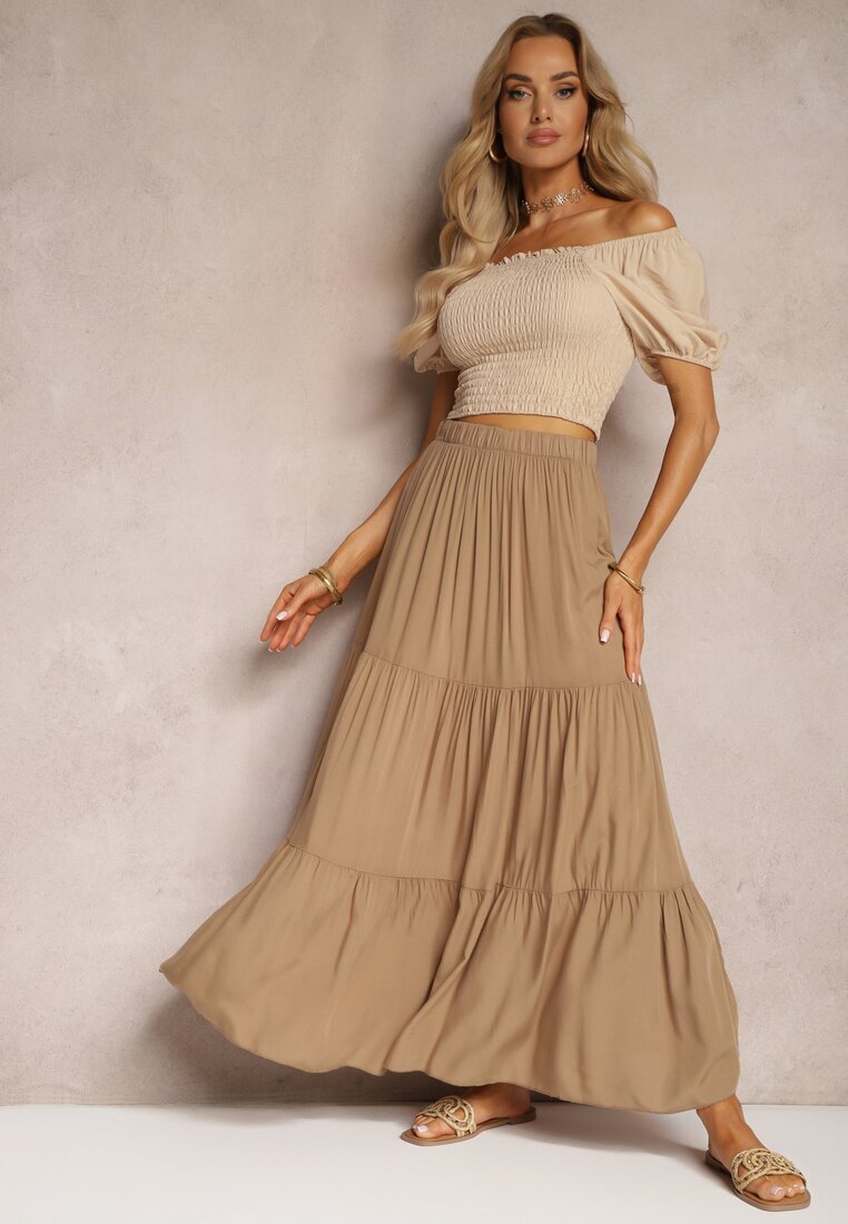 bludeise Fustă Viscoză Bej închis High Waist Cu elastic în talie și Volănaș Christiara
