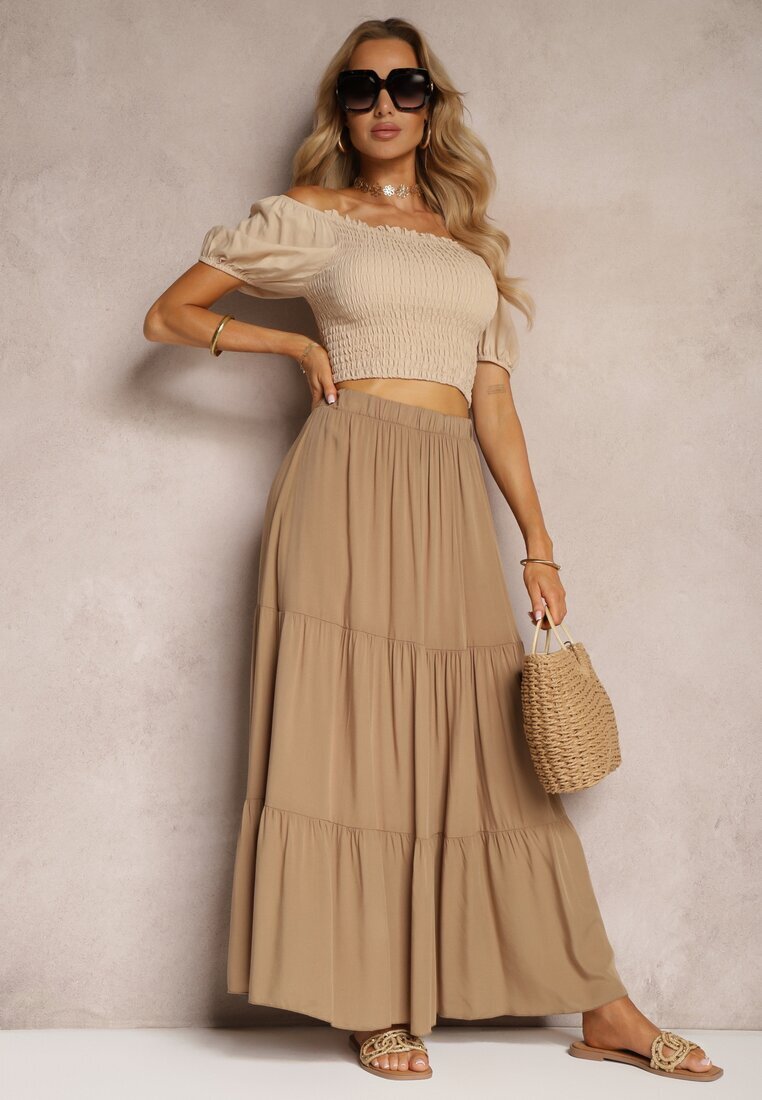 bludeise Fustă Viscoză Bej închis High Waist Cu elastic în talie și Volănaș Christiara