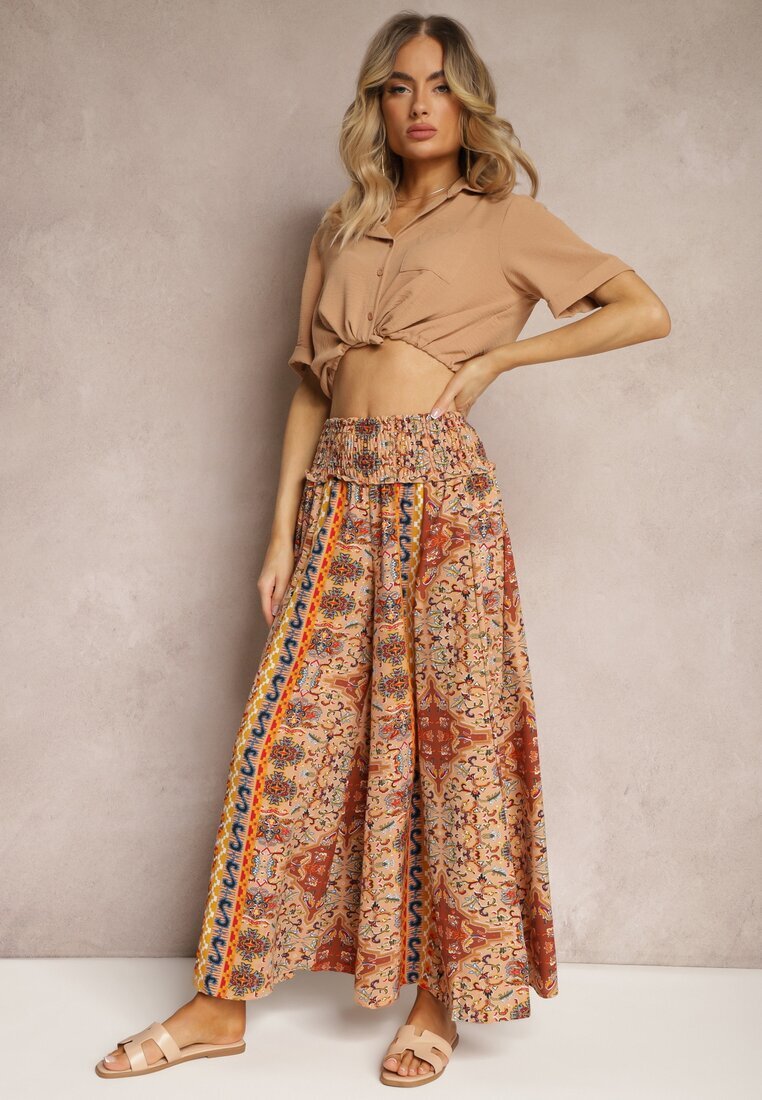 bludeise Pantaloni Bej cu picioare largi Palazzo High Waist cu elastic în talie Fiesa