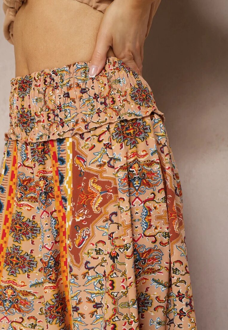 bludeise Pantaloni Bej cu picioare largi Palazzo High Waist cu elastic în talie Fiesa
