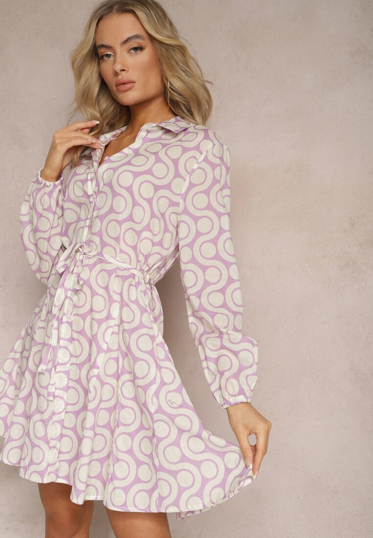 bludeise Rochie cămașă Fioletovo-Bej din Bumbac cu Model Geometric Vearil