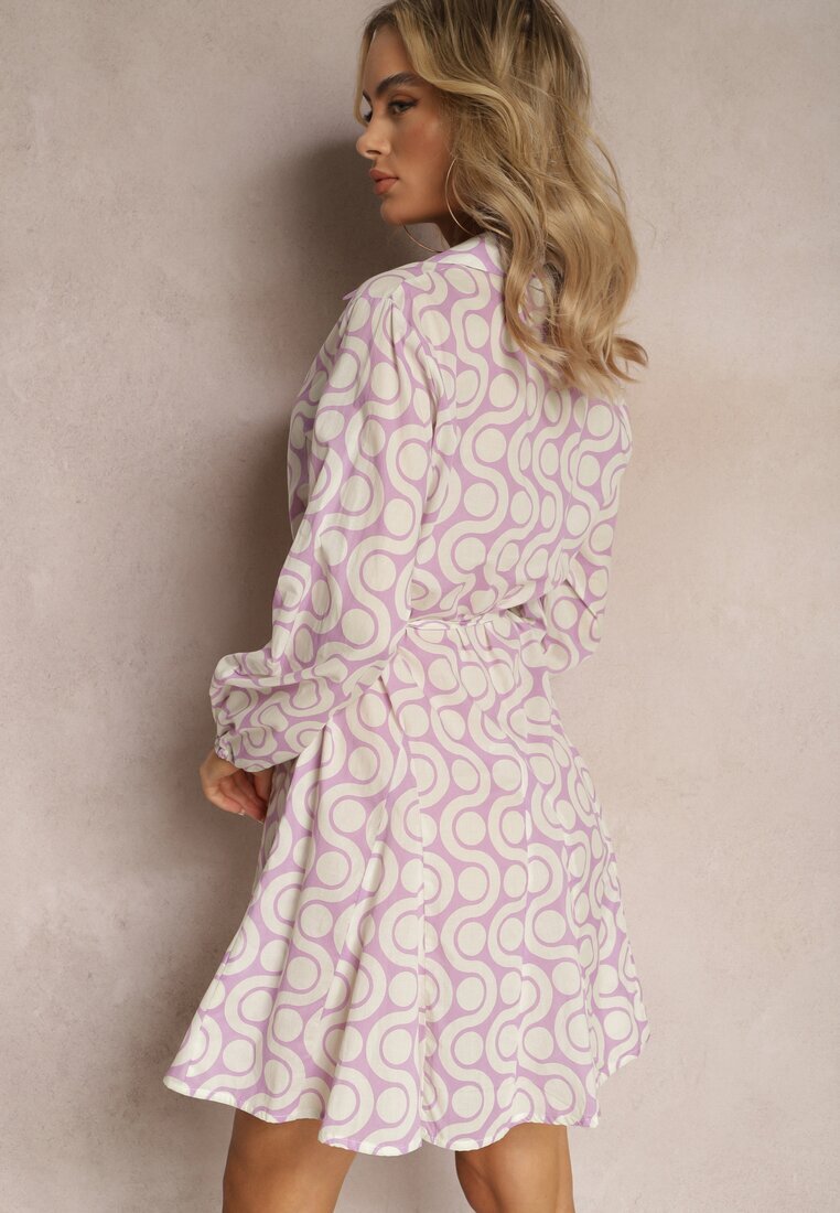 bludeise Rochie cămașă Fioletovo-Bej din Bumbac cu Model Geometric Vearil