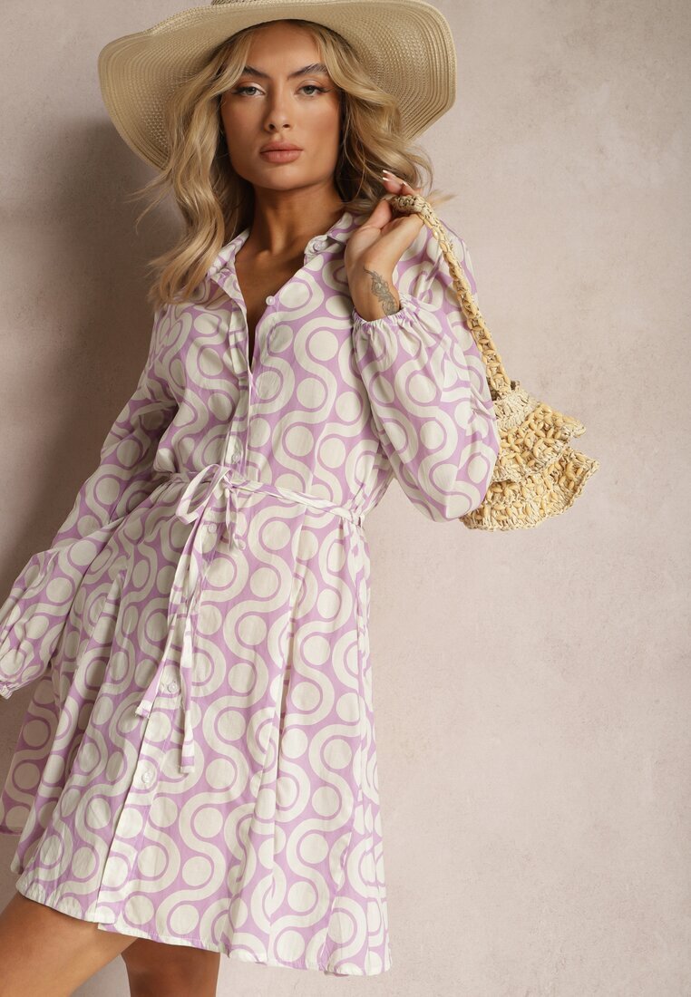 bludeise Rochie cămașă Fioletovo-Bej din Bumbac cu Model Geometric Vearil