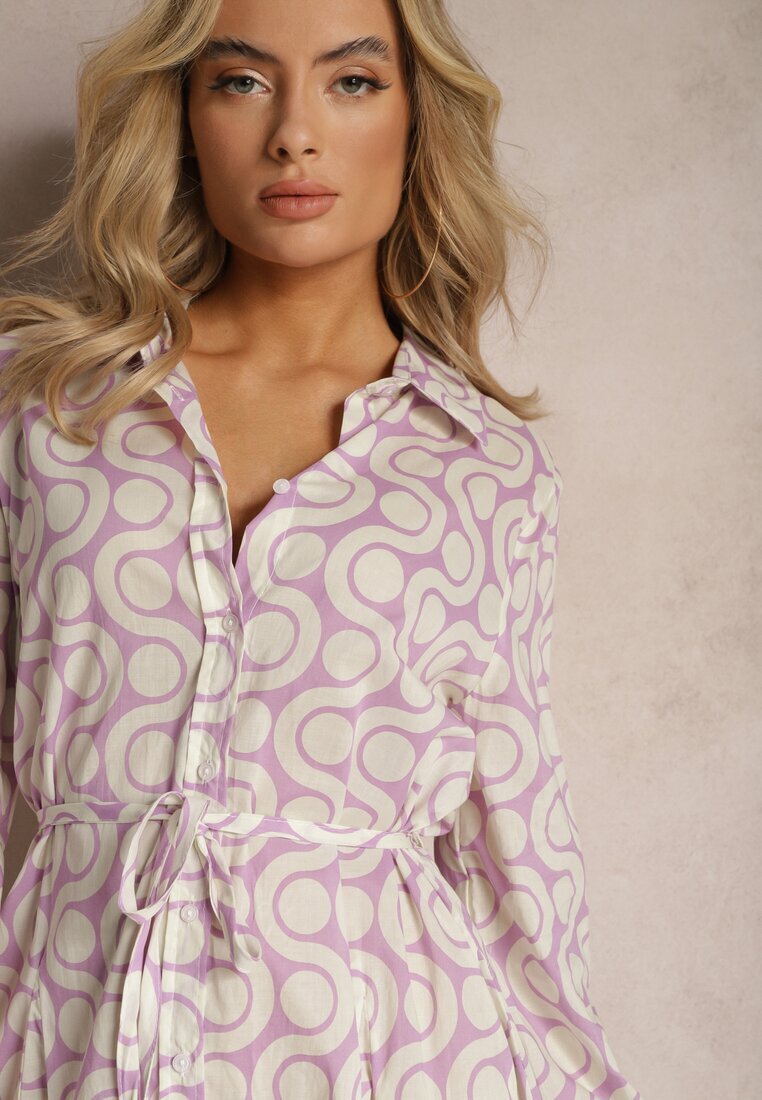 bludeise Rochie cămașă Fioletovo-Bej din Bumbac cu Model Geometric Vearil