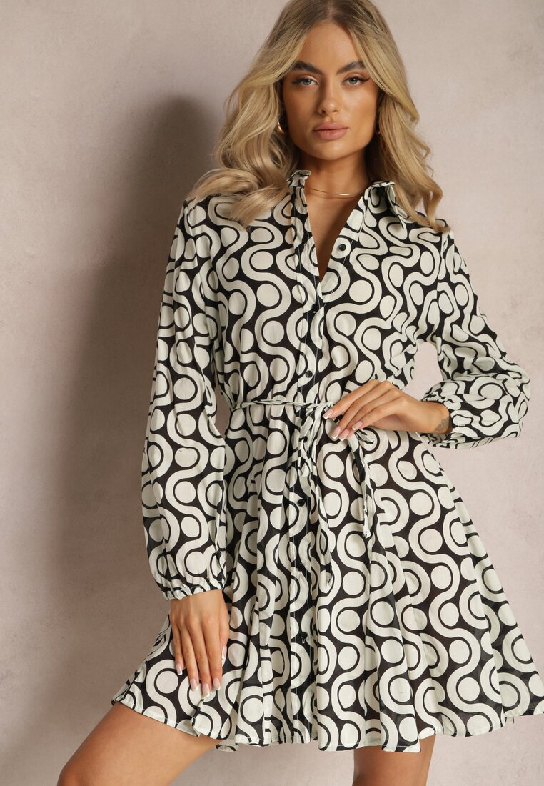 bludeise Rochie tip cămașă bej-neagră din bumbac cu model geometric Vearil