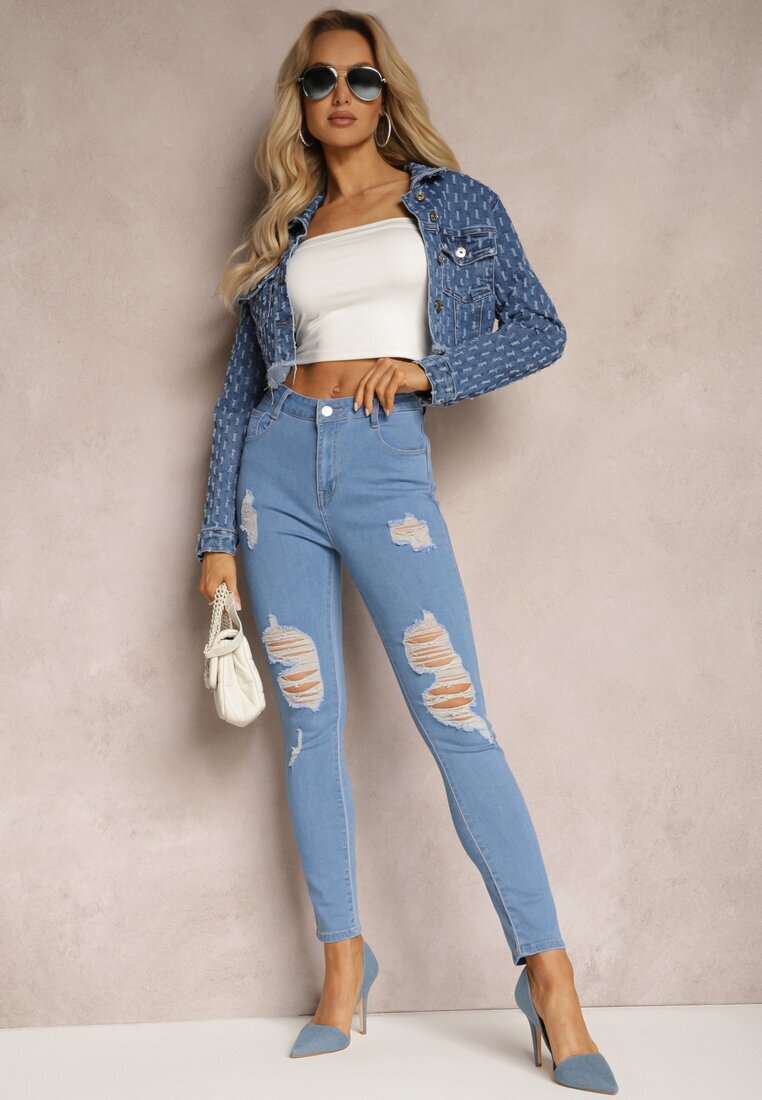 blue skk Blugi Albaștri Skinny Push-Up cu Rupturi în față și Fermoar Randda