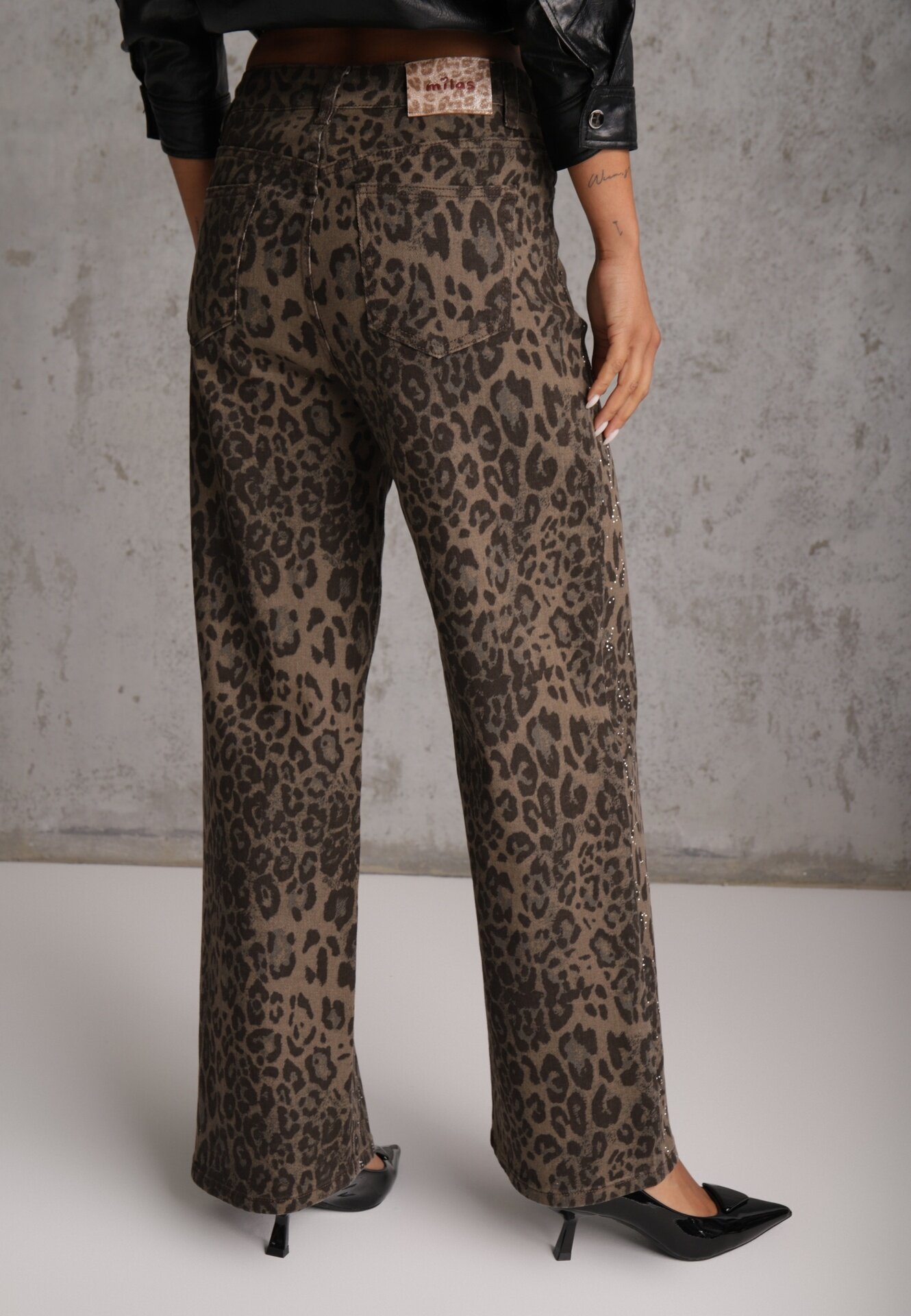  Blugi Standard din bumbac decorați cu strasuri cu print leopard Ethi Imprimeu leopard