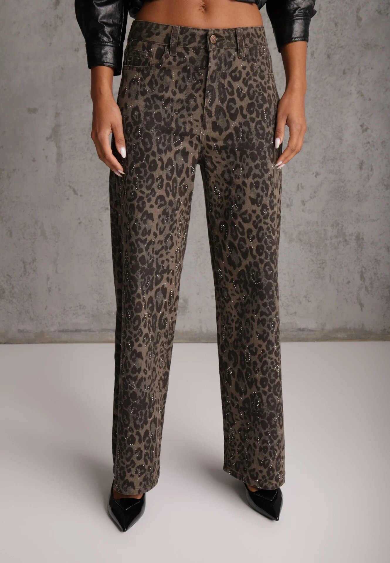  Blugi Standard din bumbac decorați cu strasuri cu print leopard Ethi Imprimeu leopard