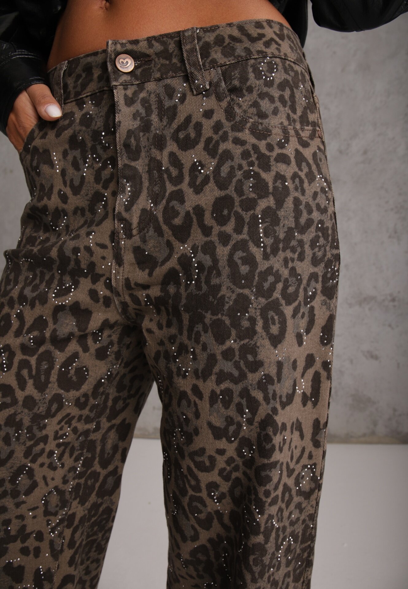  Blugi Standard din bumbac decorați cu strasuri cu print leopard Ethi Imprimeu leopard