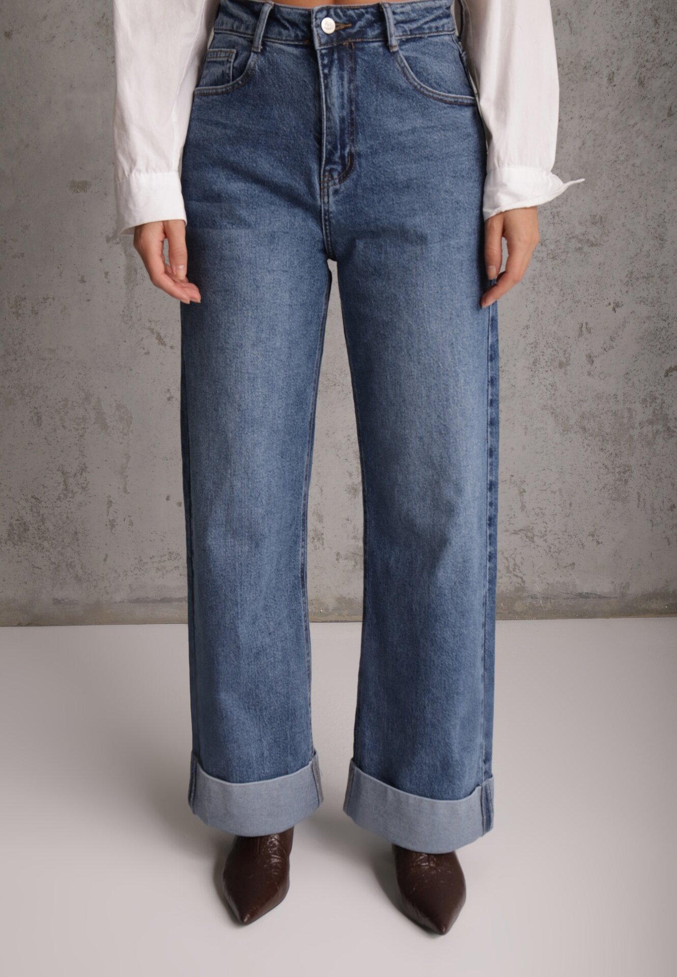  Blugi Straight Leg din bumbac cu manșete decorative la pantaloni și broderie Klonisa Albaștri