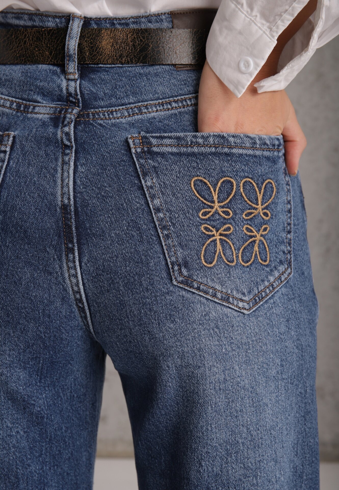  Blugi Straight Leg din bumbac cu manșete decorative la pantaloni și broderie Klonisa Albaștri