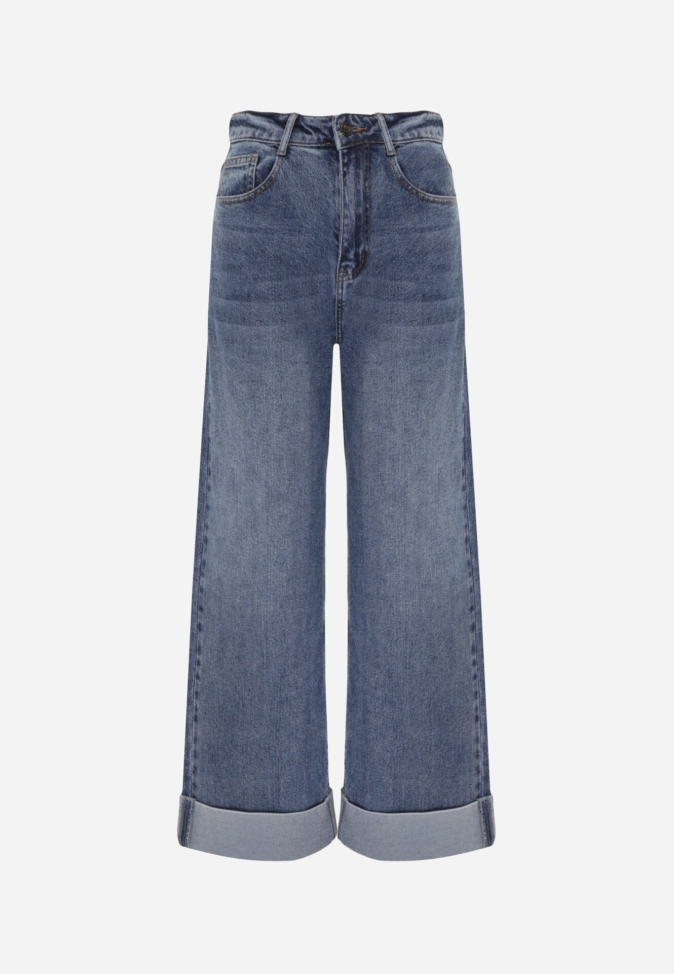  Blugi Straight Leg din bumbac cu manșete decorative la pantaloni și broderie Klonisa Albaștri