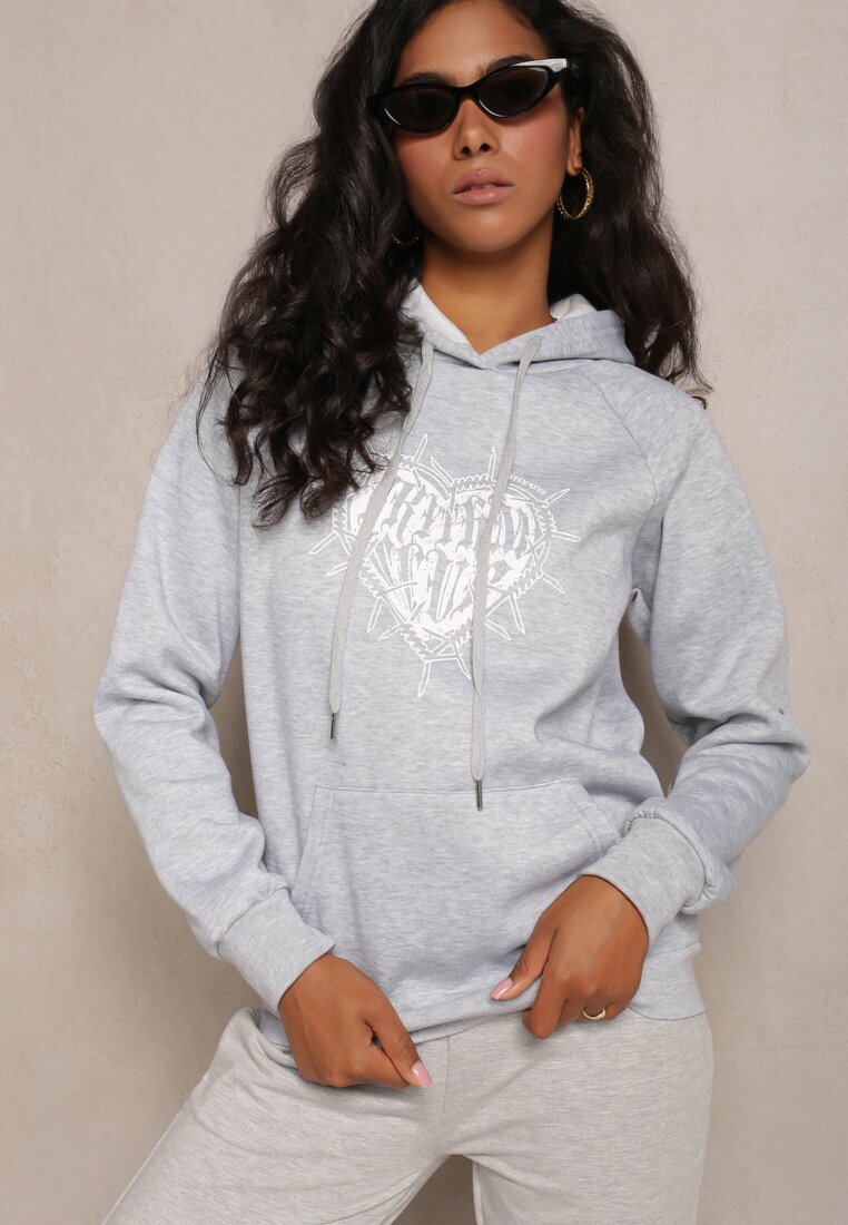  Bluza Clasică Gri deschis cu Imprimeu pe Față și Glugă Inalle